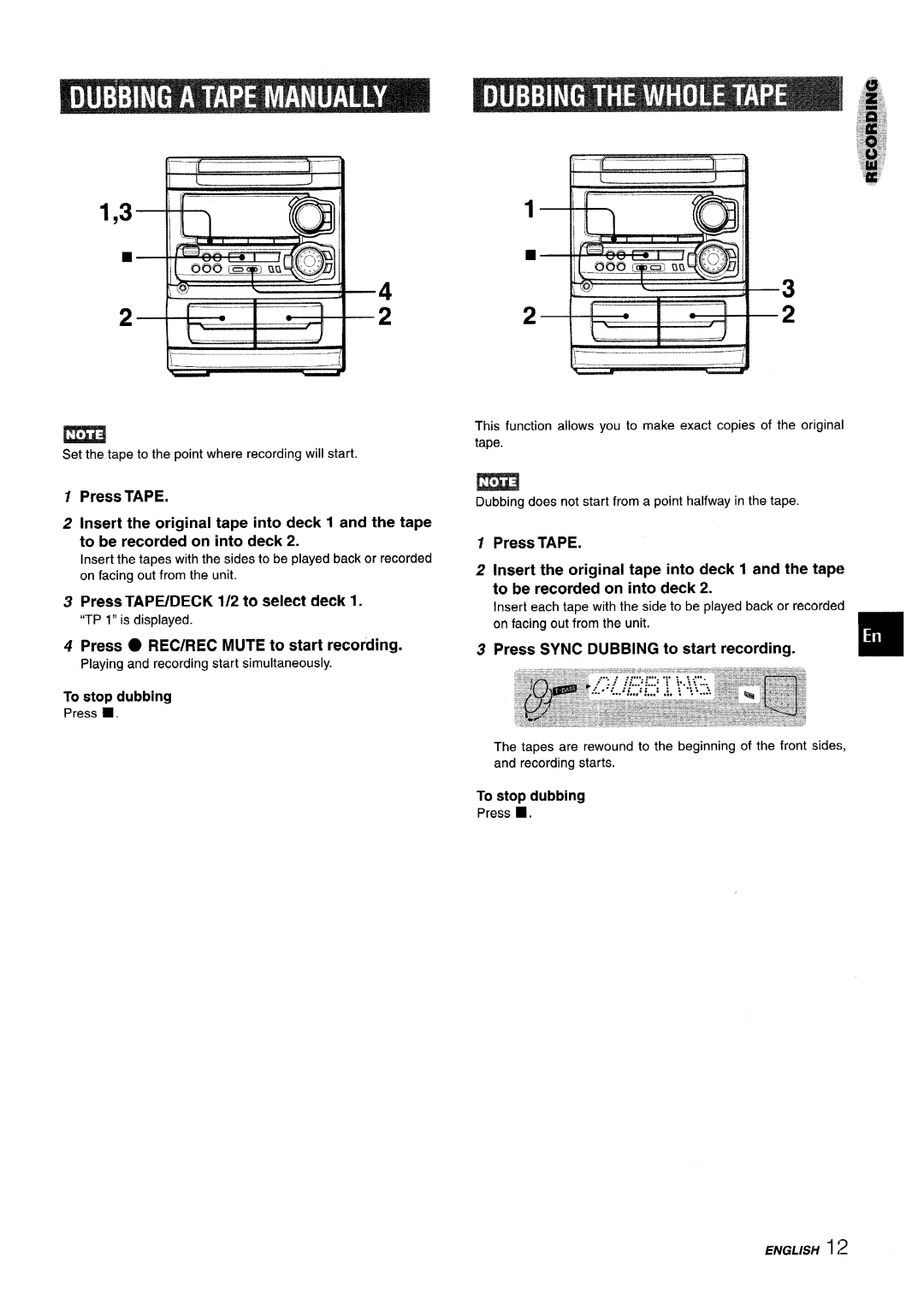 Aiwa NSX-A304, NSX-A303 Press . REC/REC Mute to start recording, Press Sync Dubbing to start recording, To stop dubbing 