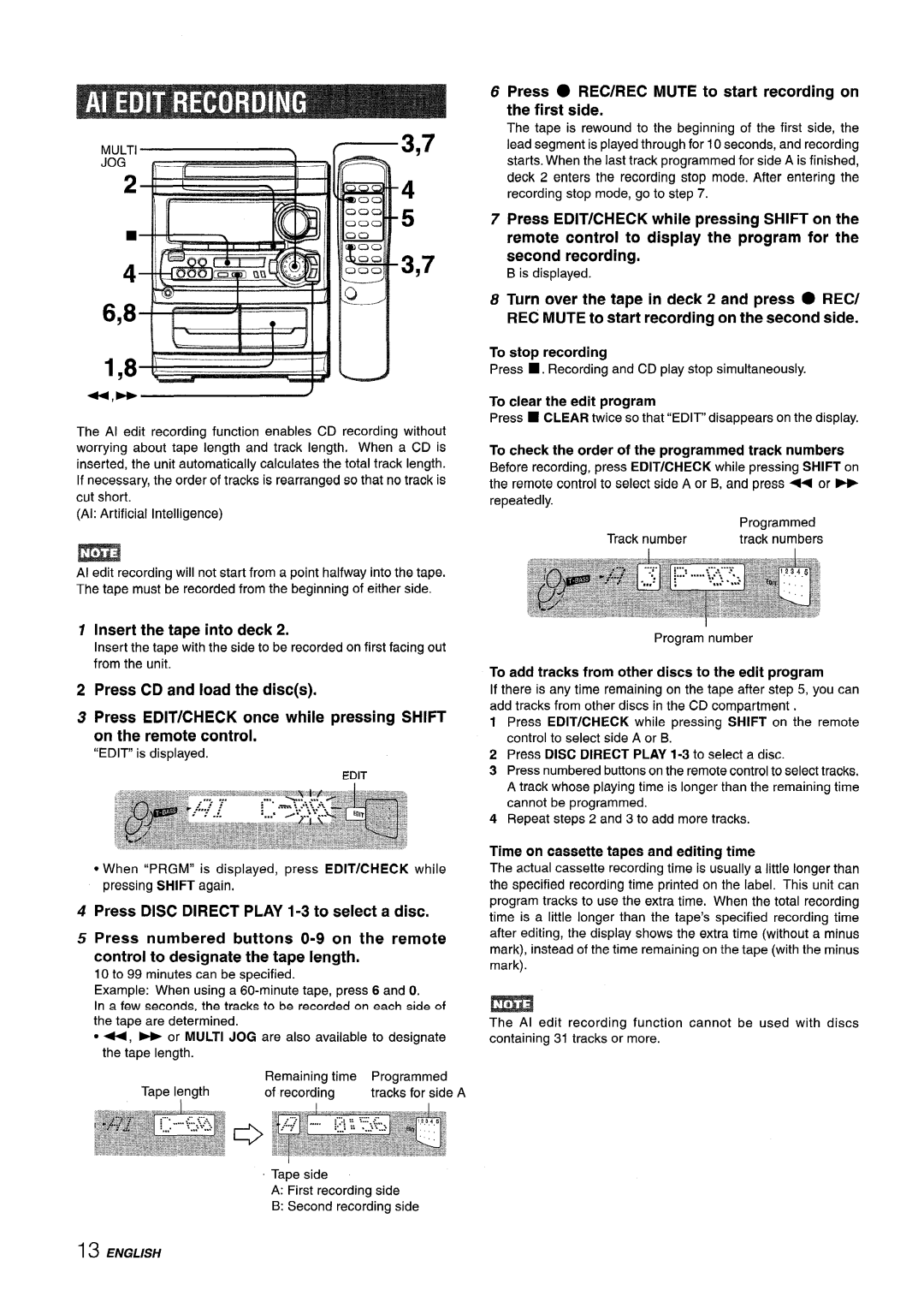 Aiwa CX-NA303, NSX-A303, NSX-A304 ‘Ml, Insert the tape into deck, Press REC/REC Mute to start recording on the first side 