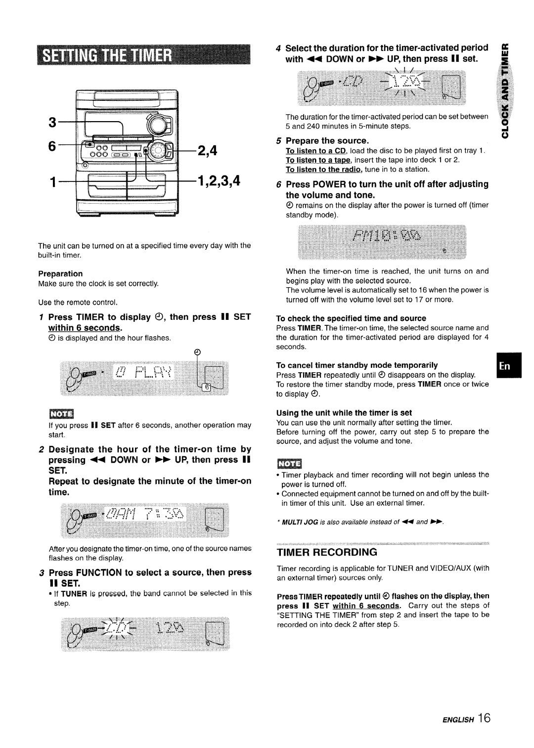 Aiwa CX-NA303 Prepare the source, Pressing Down or UP, then press, Repeat to designate the minute of the timer-on time 