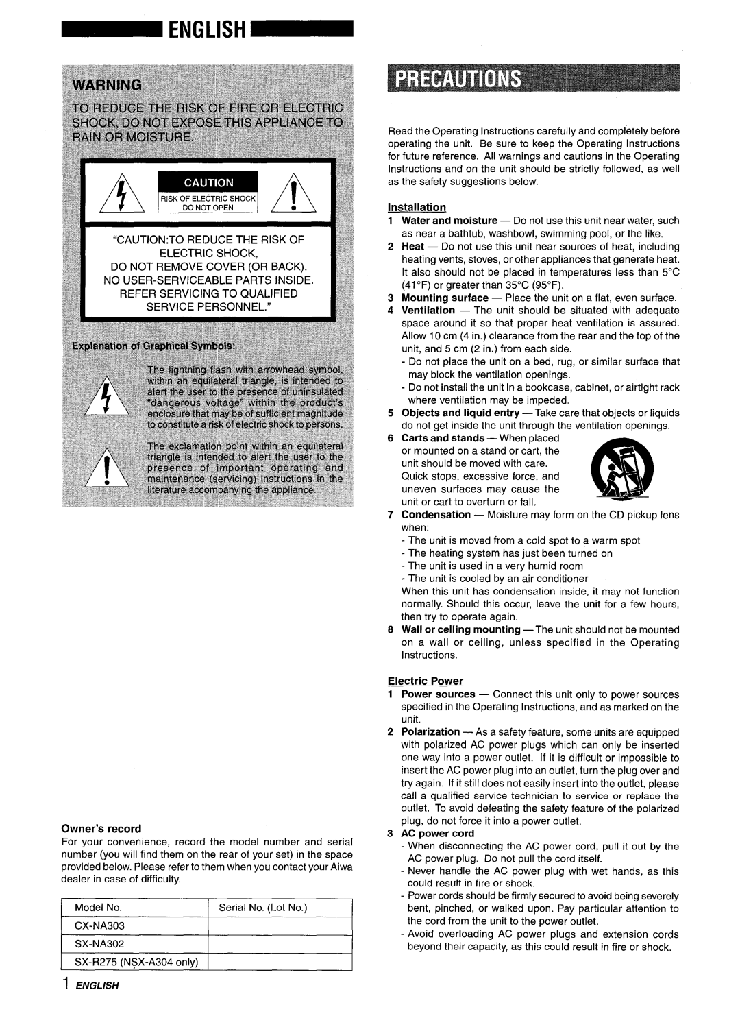 Aiwa CX-NA303, NSX-A303, NSX-A304 manual Electric Power, AC power cord 