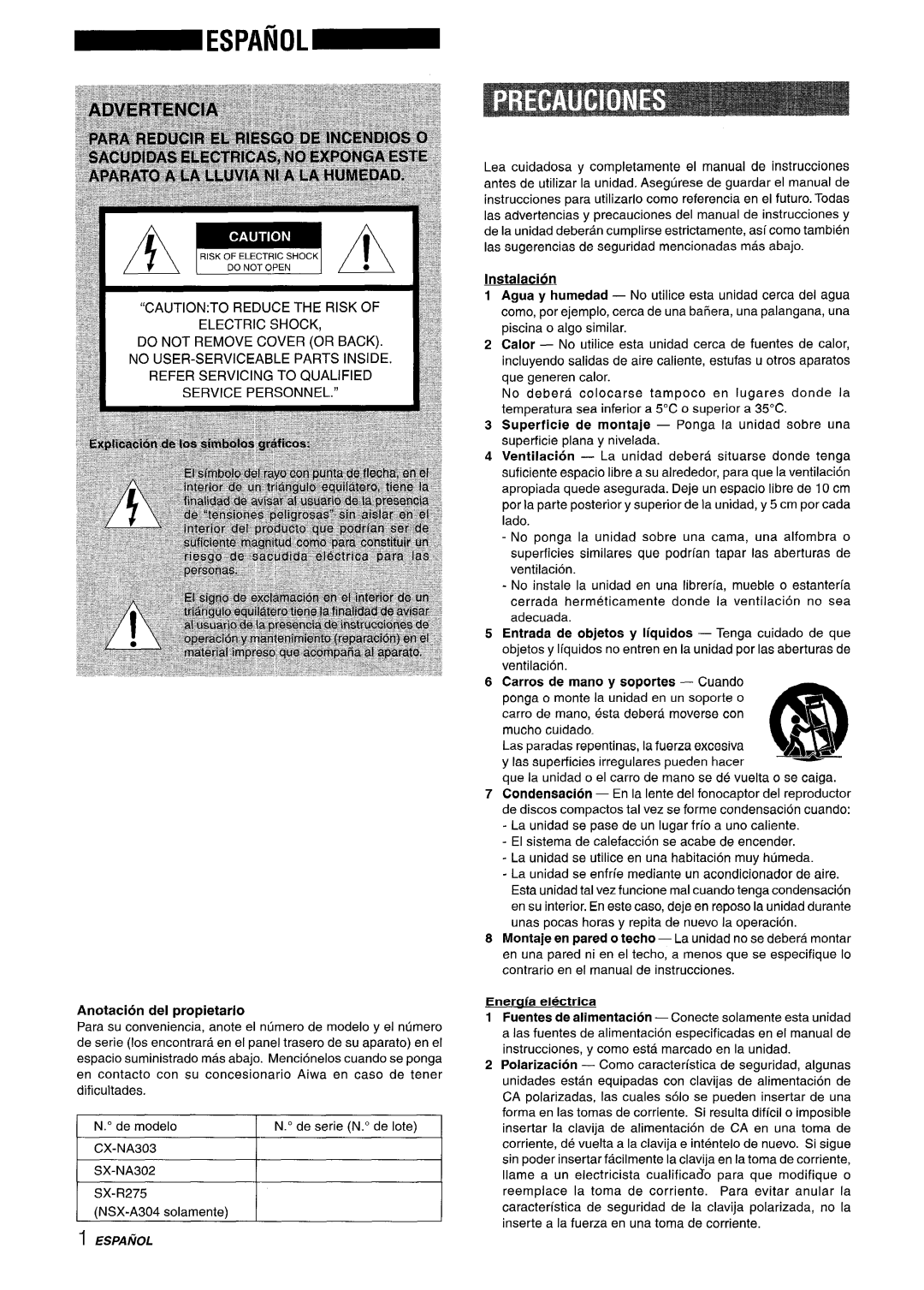 Aiwa NSX-A304, NSX-A303, CX-NA303 manual Espanol 