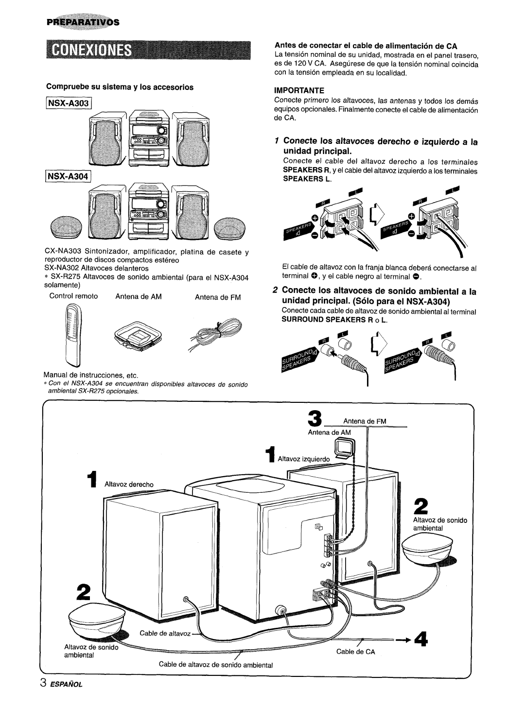 Aiwa NSX-A303, NSX-A304, CX-NA303 Antes de conectar el cable de alimentacion de CA, Compruebe su sistema y Ios accesorios 