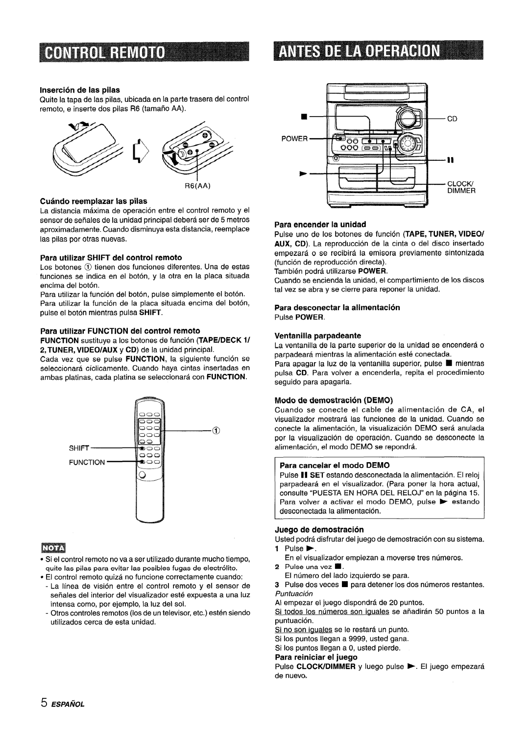 Aiwa CX-NA303, NSX-A303, NSX-A304 manual Para encender la unidad, Para cancelar el modo Demo, Jueao de demostracion 