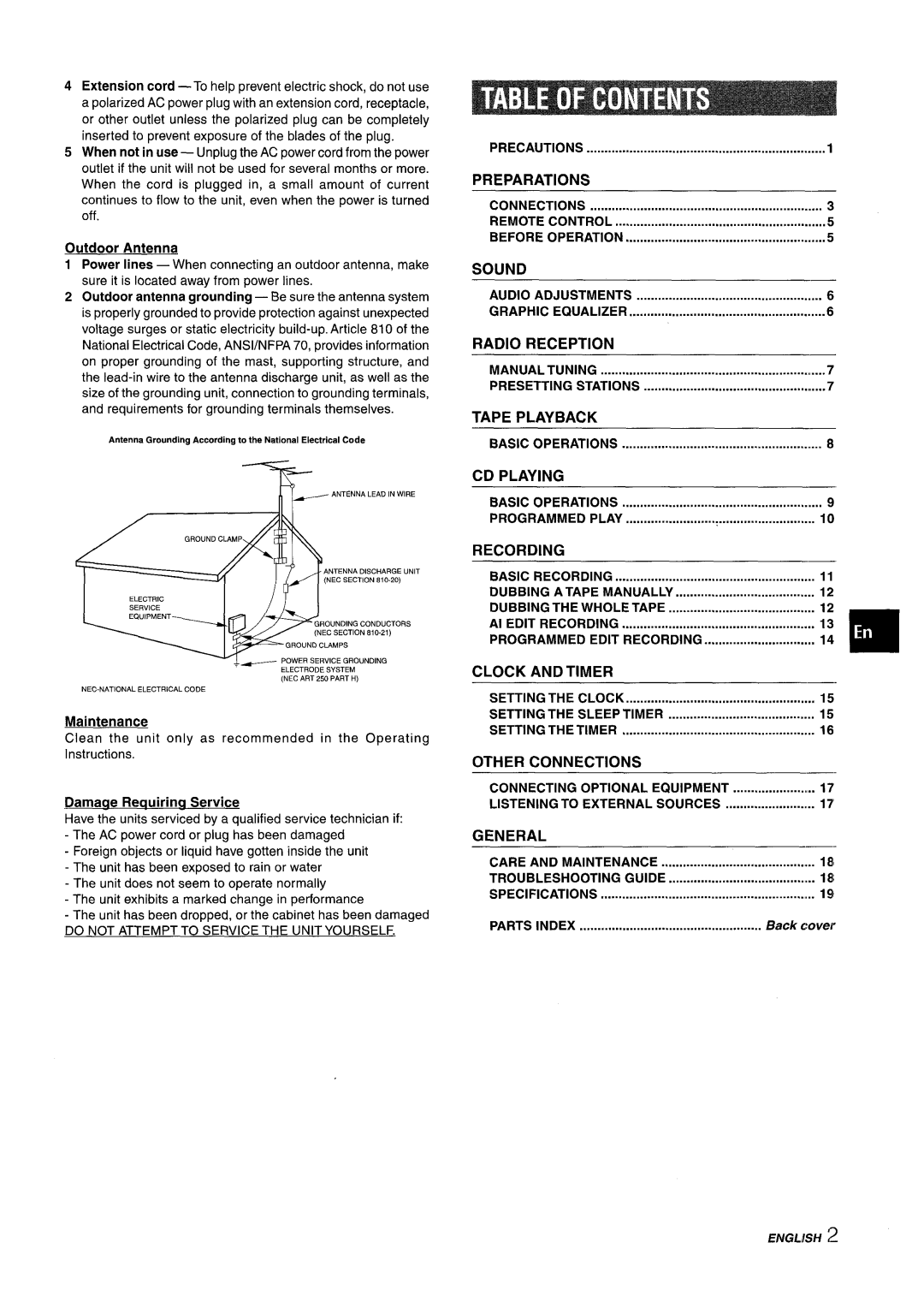 Aiwa NSX-A303 manual Audio Adjustments Graphic Equalizer, Manual Tuning Presetting Stations, Basic Operations, Parts Index 