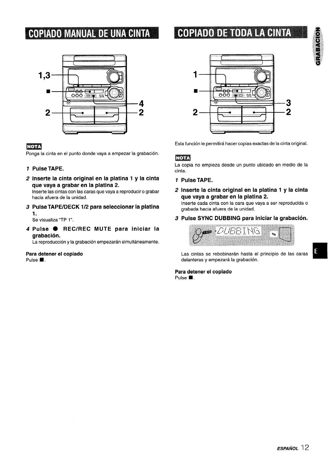 Aiwa NSX-A303, NSX-A304, CX-NA303 manual +-- Y, PulseTAPE/DECK 1/2 para seleccionar la platina 