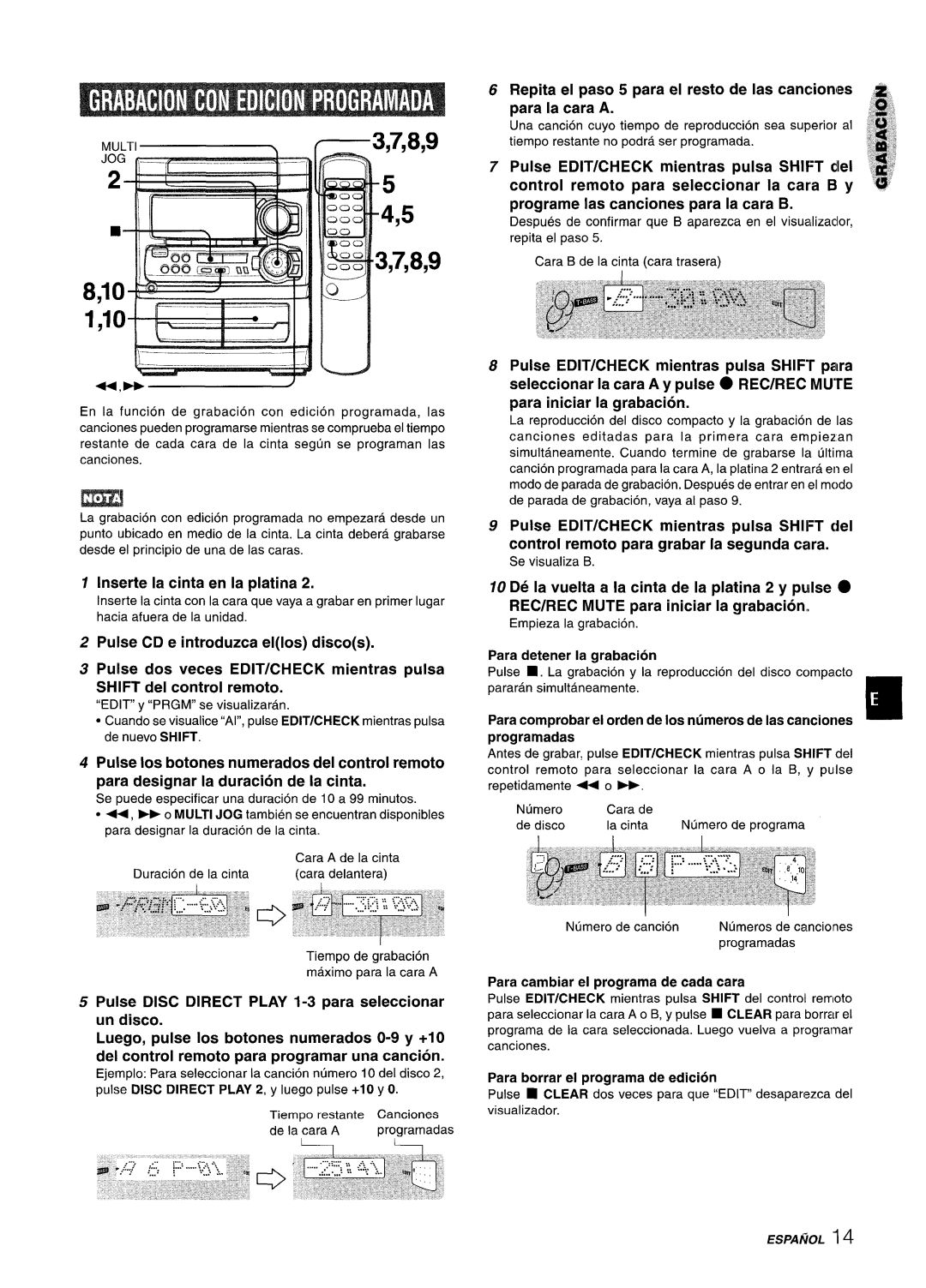 Aiwa CX-NA303, NSX-A303 Para detener la qrabacion, Para comprobar el orden de Ios numeros de Ia.ecanciones, Programadas 