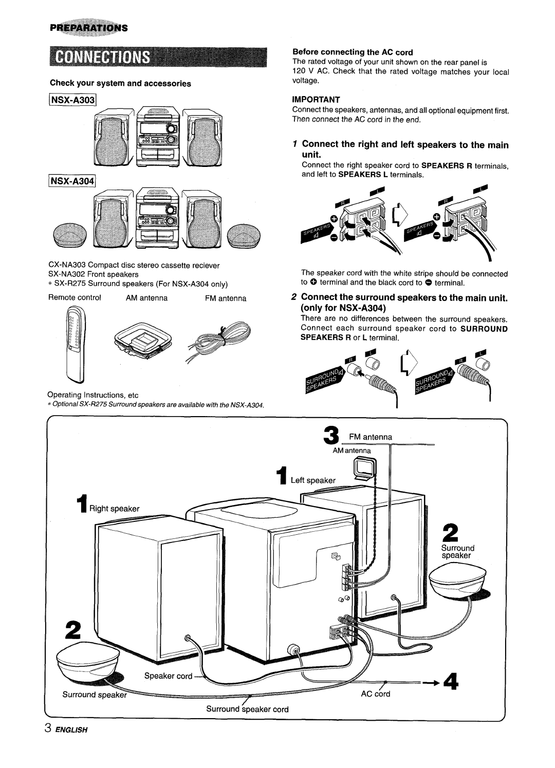 Aiwa NSX-A303, CX-NA303 Connect the right and left speakers to the main unit, INSX-A3041, Before connecting the AC cord 