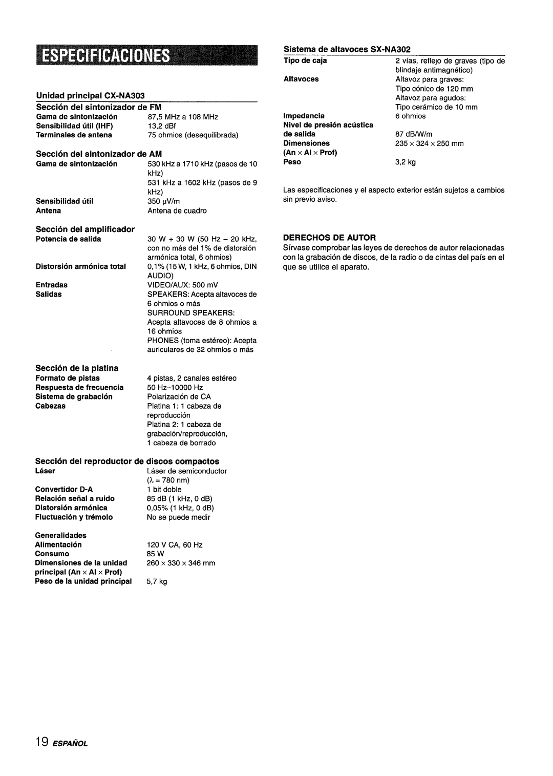 Aiwa NSX-A304, NSX-A303, CX-NA303 manual Derechos DE Autor 