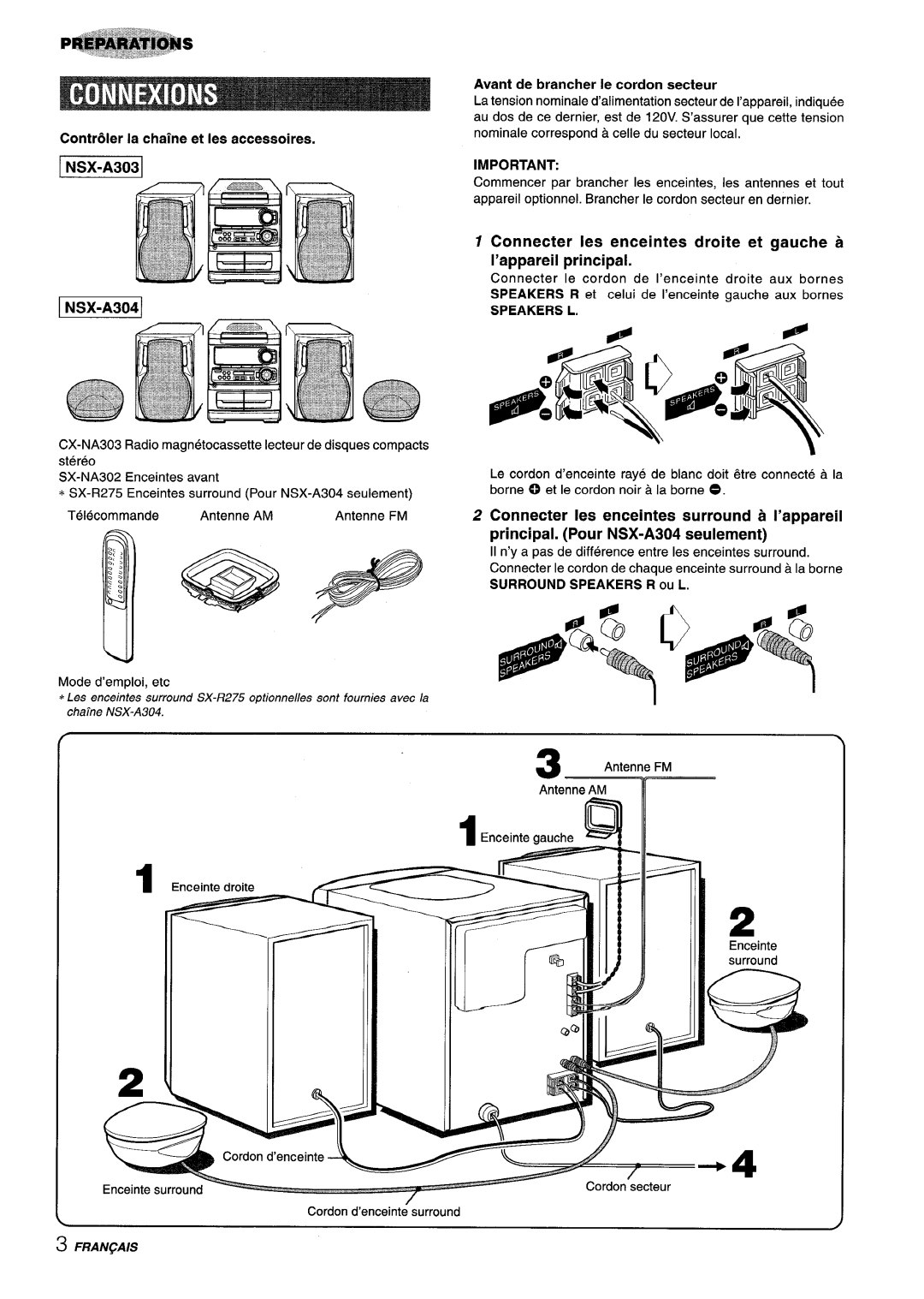 Aiwa CX-NA303, NSX-A303, NSX-A304 manual Avant de brancher Ie cordon secteur, Contr61er la chaine et Ies accessoires 