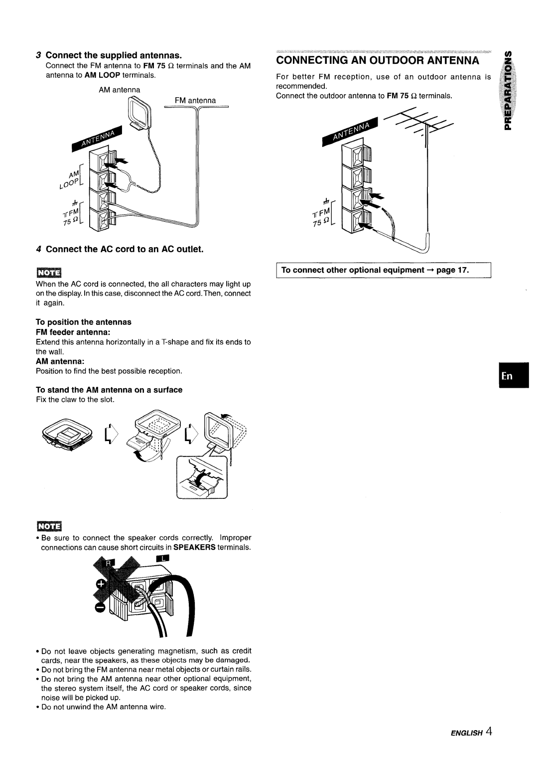 Aiwa CX-NA303, NSX-A303 Connecting AN Outdoor Antenna, Connect the supplied antennas, Connect the AC cord to an AC outlet 