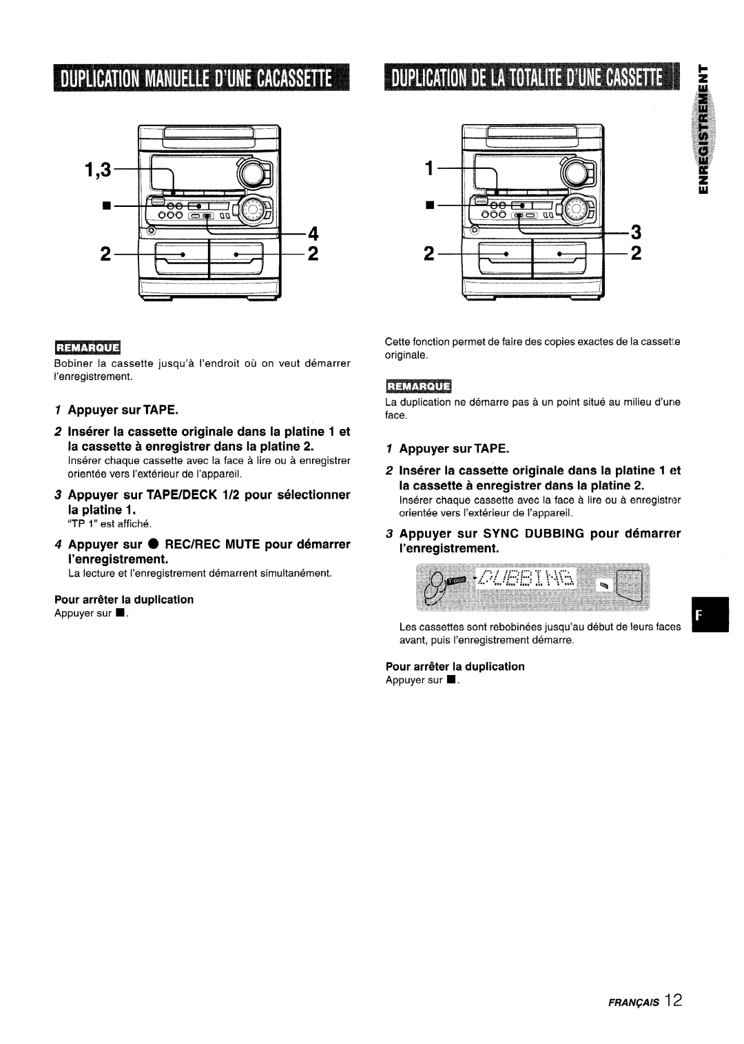 Aiwa CX-NA303, NSX-A303, NSX-A304 manual Appuyer sur TAPE/DECK 1/2 pour selectionner la platine 