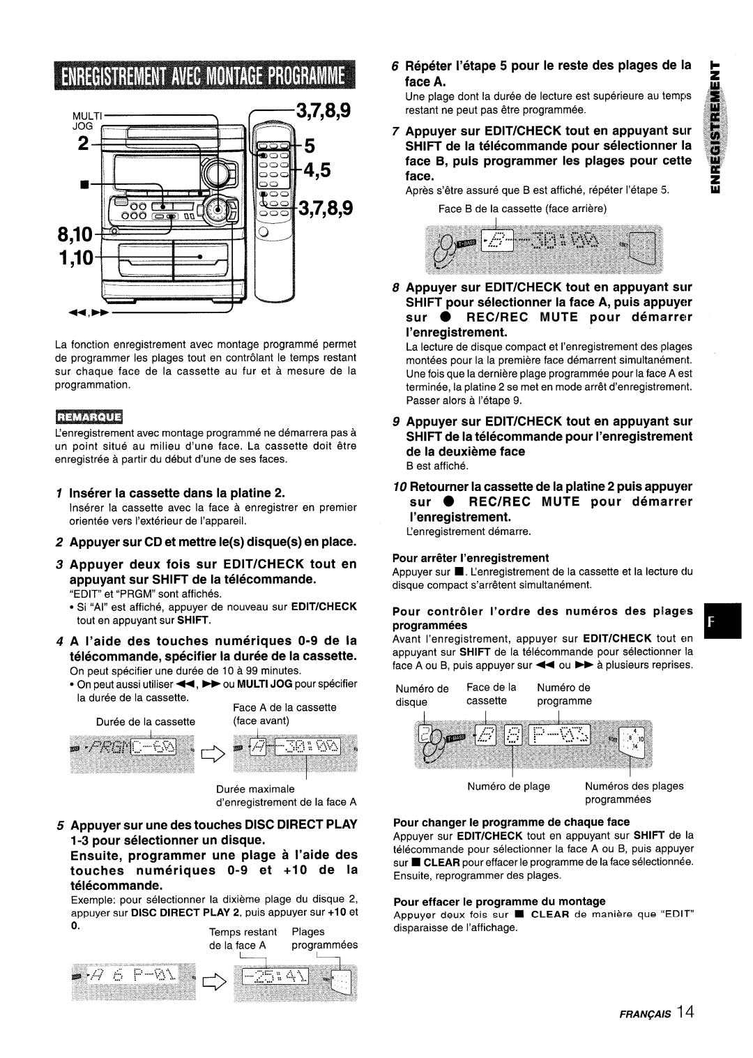 Aiwa NSX-A304, NSX-A303 manual Repeter ’etape Pour Ie reste Des plages De la Face, Pour changer Ie programme de chaque face 