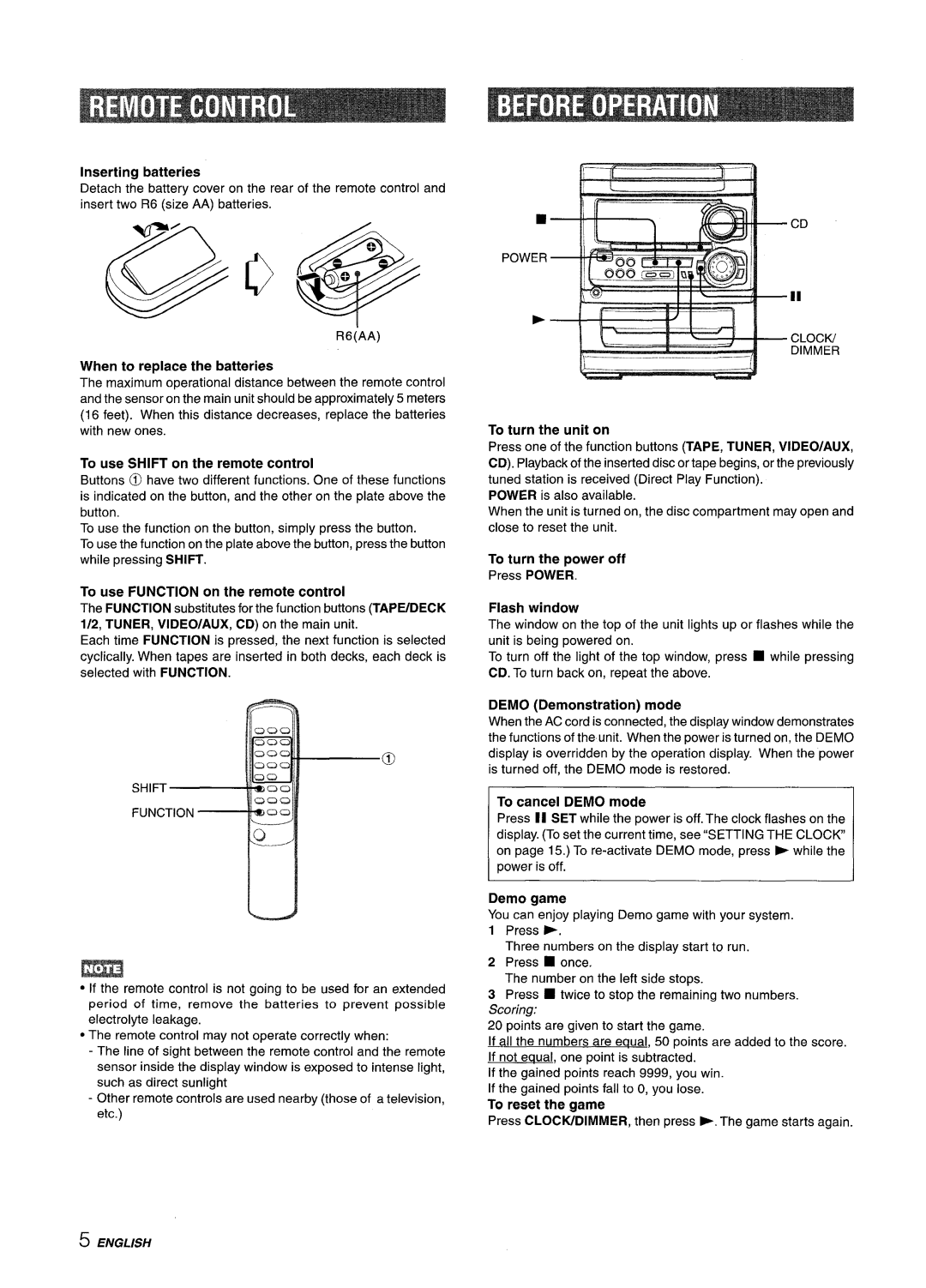 Aiwa NSX-A303 Inserting batteries, When to replace the batteries, To turn the unit on, To use Shift on the remote control 