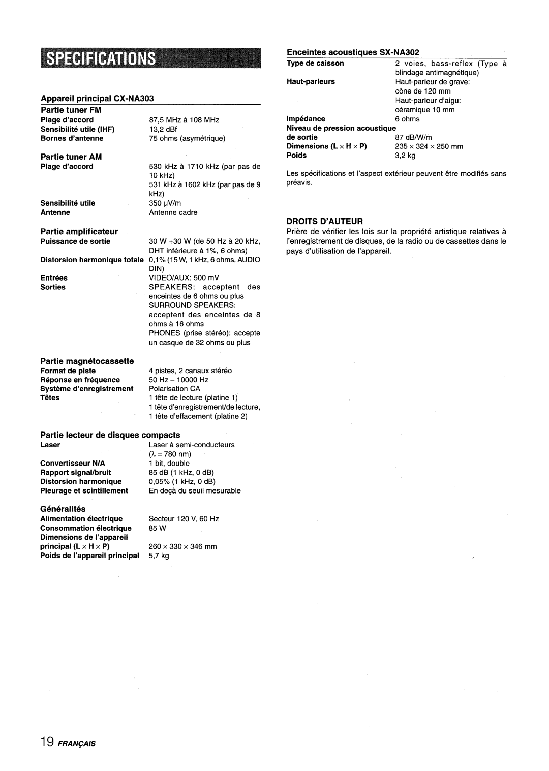 Aiwa NSX-A303, NSX-A304, CX-NA303 manual Droits D’AUTEUR 