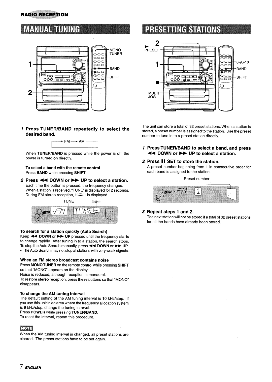 Aiwa CX-NA303, NSX-A303 Press TUNER/BAND repeatedly to select the desired band, Press + Down or W UP to select a station 