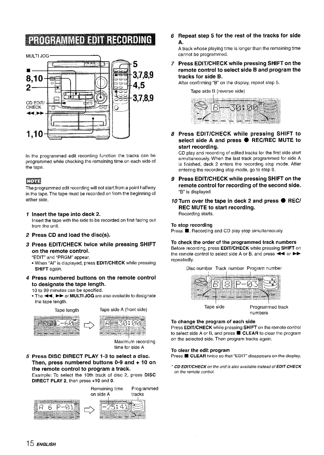 Aiwa NSX-A508 Repeat for the rest of the tracks for side a, Press EDIT/CHECK while Pressing Shift on, Tracks for side B 