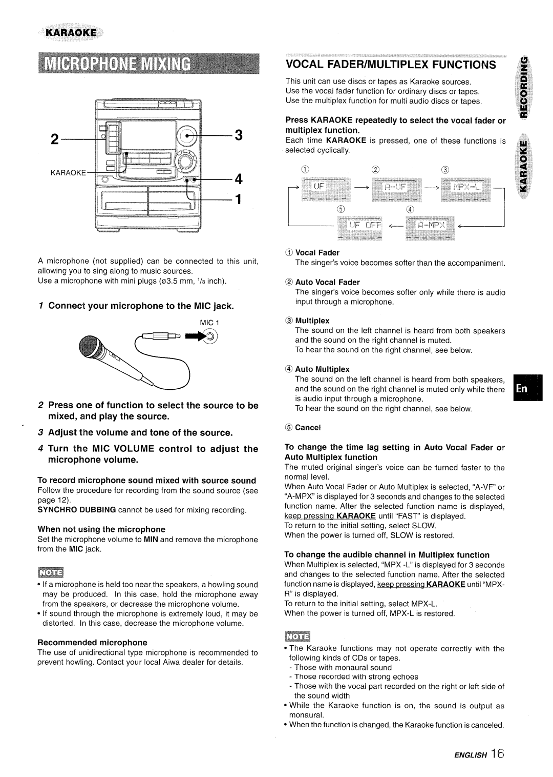 Aiwa NSX-A508 manual Vocal FADER/MU-LTIPLEX Functions #, Connect your microphone to the MIC jack, @ Vocal Fader 