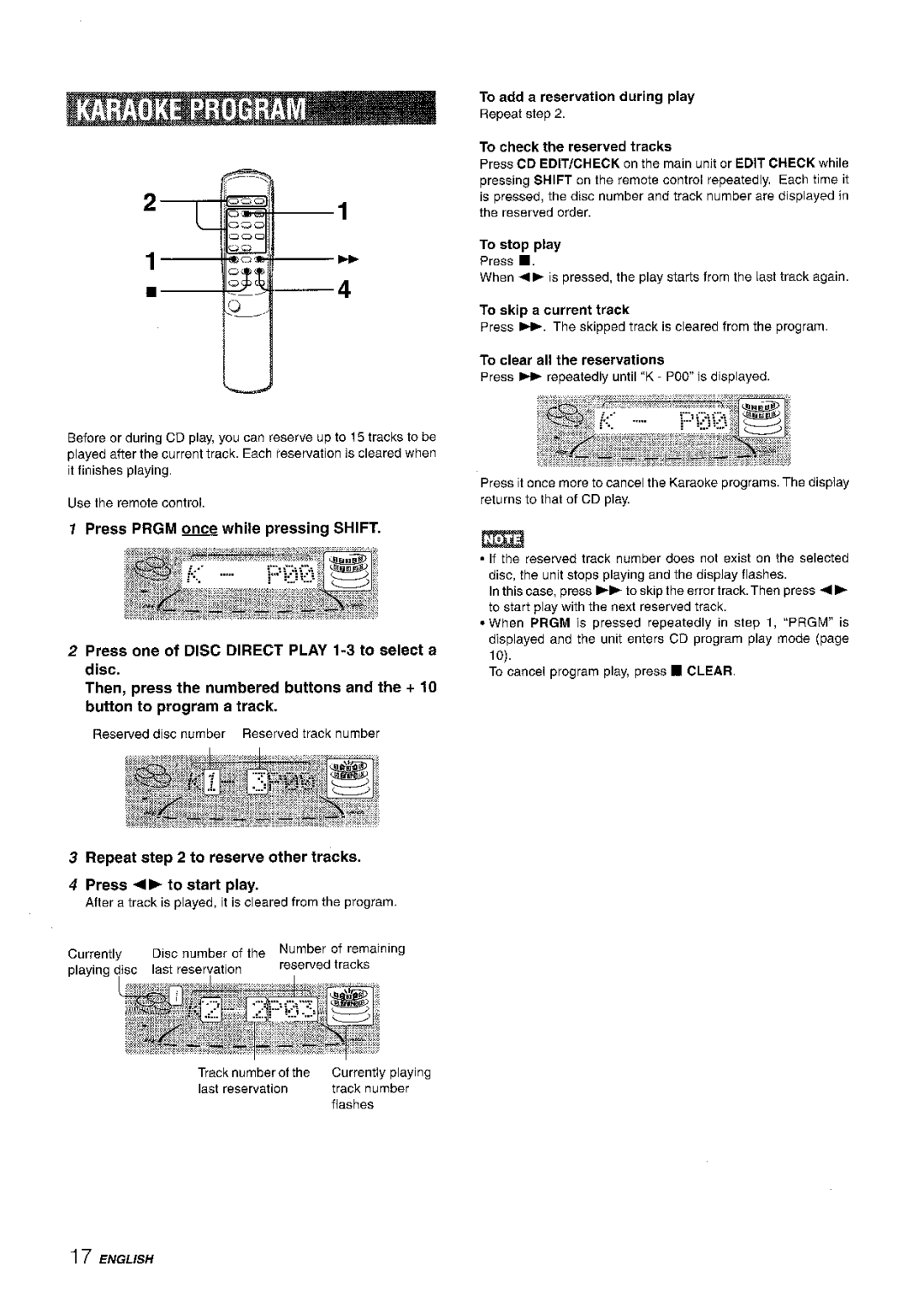 Aiwa NSX-A508 manual Repeat to reserve other tracks Press + To start Play, To add a reservation during play, To stop play 