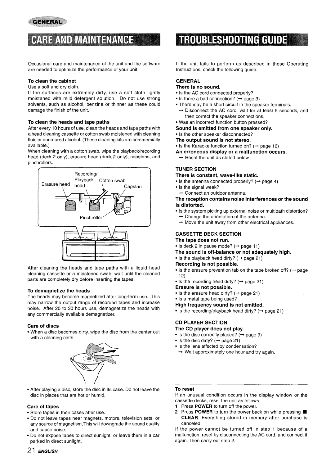 Aiwa NSX-A508 manual General, Tuner Section, Cassette Deck Section, CD Player Section 