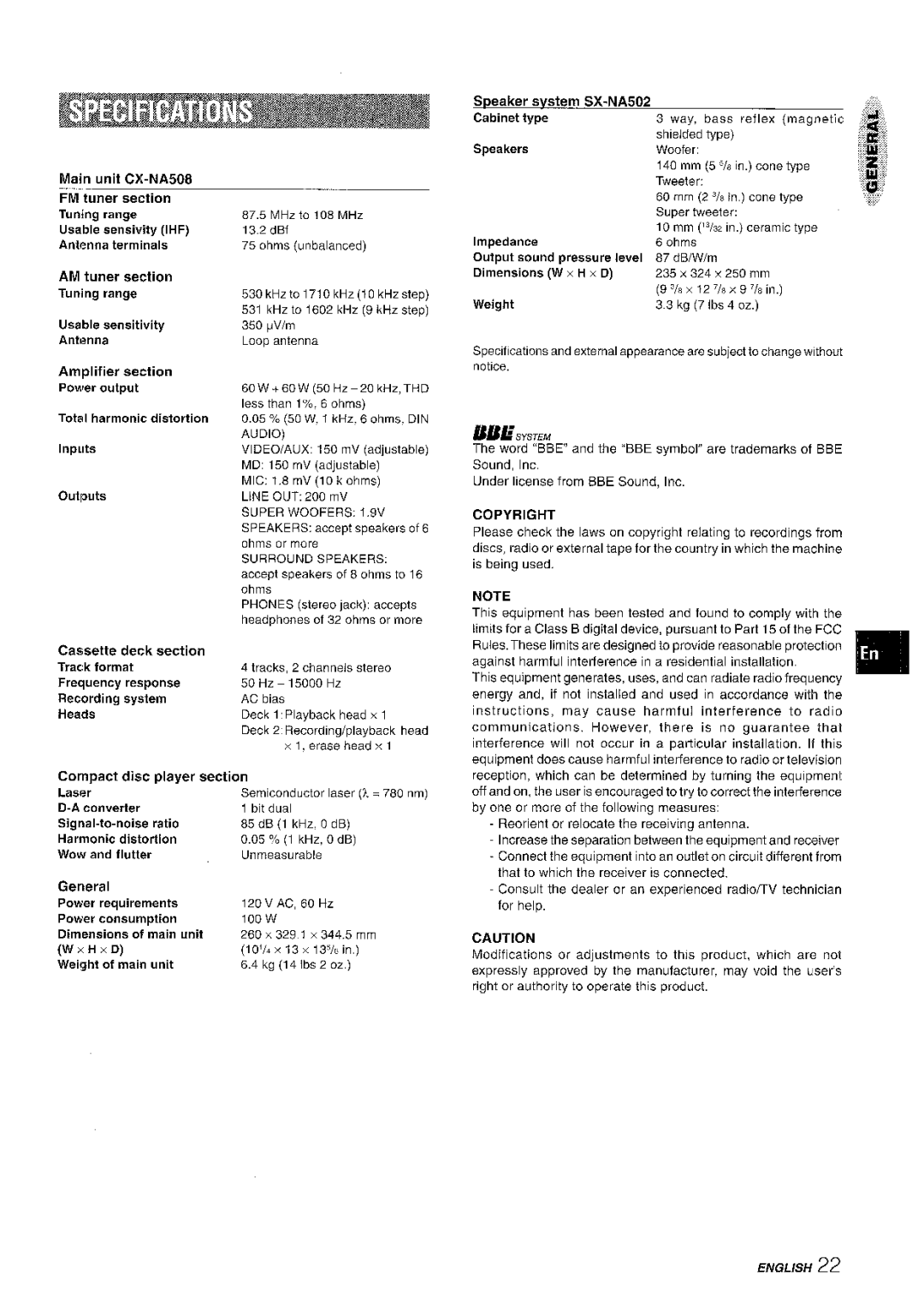 Aiwa NSX-A508 manual 100W, Copyright 