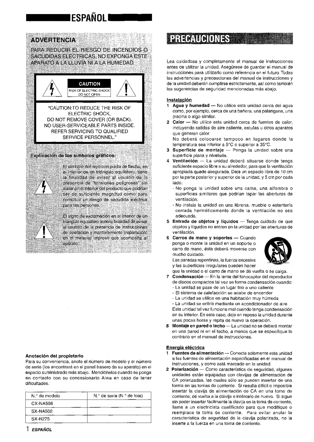 Aiwa NSX-A508 manual Anotacion del propietario, Instalacion, Enerafa electrica 