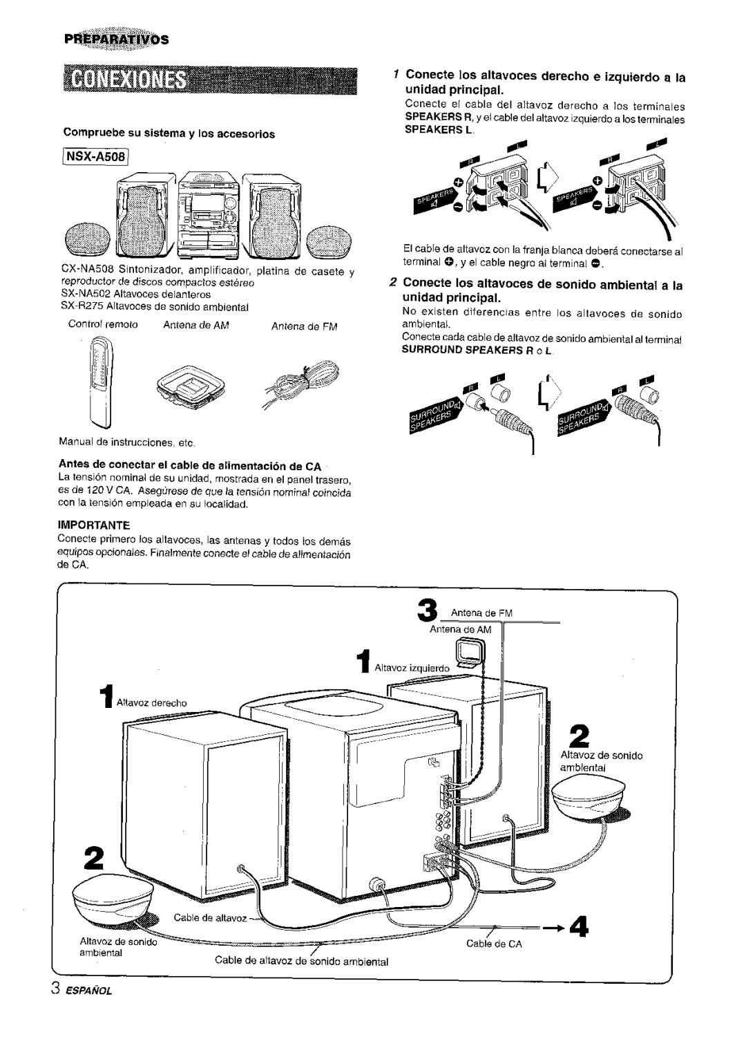 Aiwa NSX-A508 manual Importante, Compruebe su sistema y Ios accesorios, Antes de conectar el cable de alimentacion de CA 