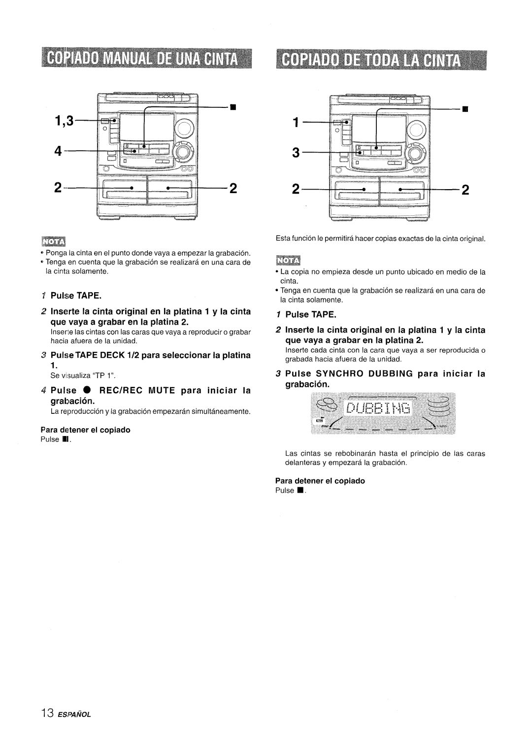 Aiwa NSX-A508 manual Puke Tape Deck 1/2 para seleccionar la platina, Pulse o REC/REC Mute para iniciar la grabacion 