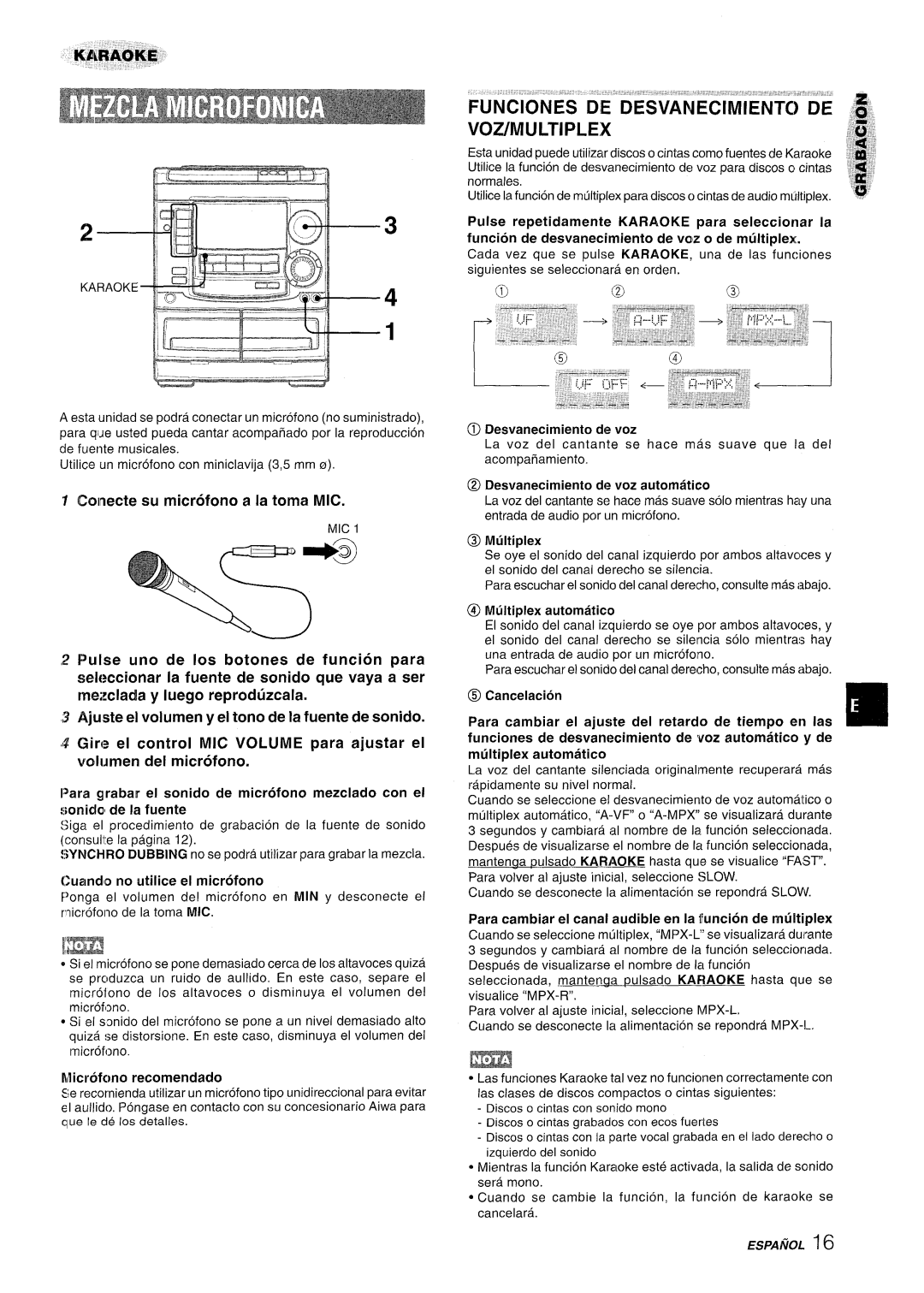 Aiwa NSX-A508 manual Voz/Multiplex, Mecte su microfono a la toma MIC 