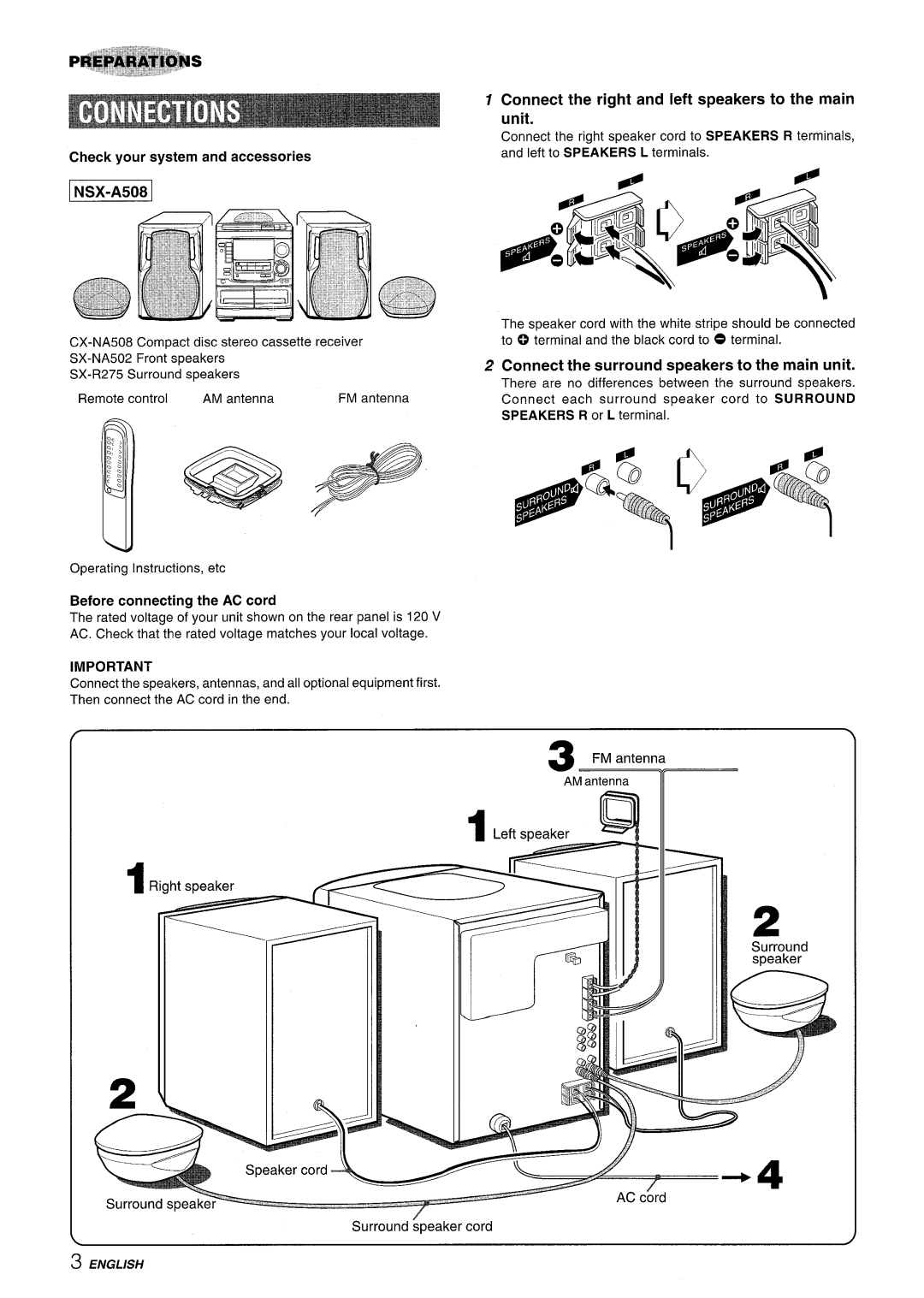 Aiwa NSX-A508 manual Connect the right and left speakers to the main unit, Connect the surround speakers to the main unit 