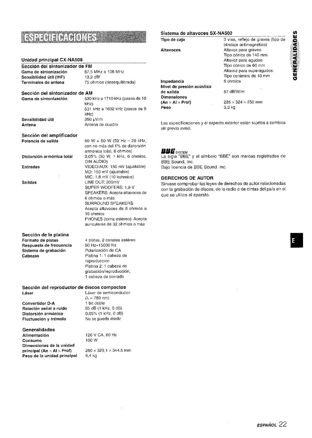 Aiwa NSX-A508 manual Seccion del sintonizador de FM, Derechos DE Autor 