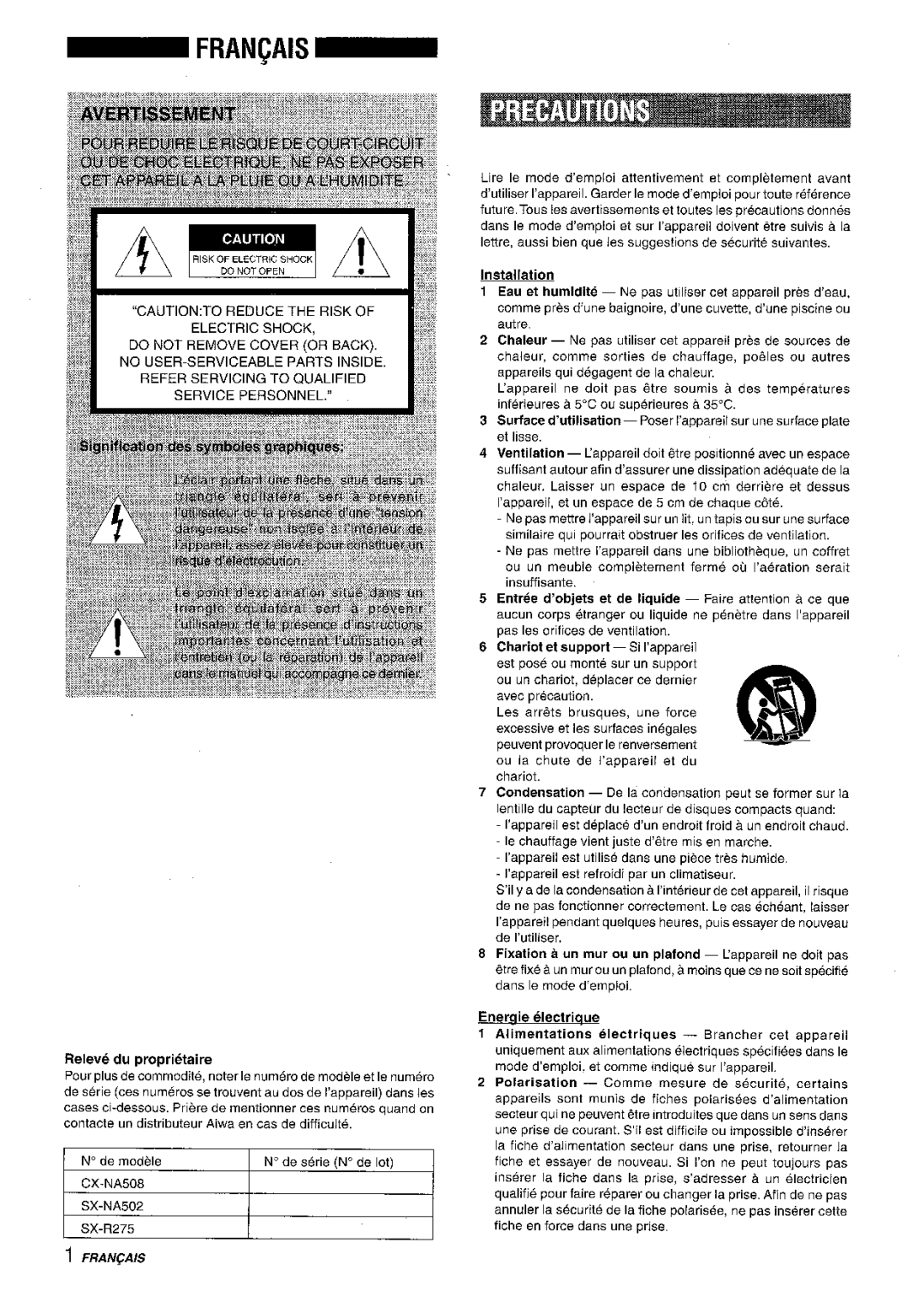 Aiwa NSX-A508 manual Releve du proprietaire, Eneraie electrique 