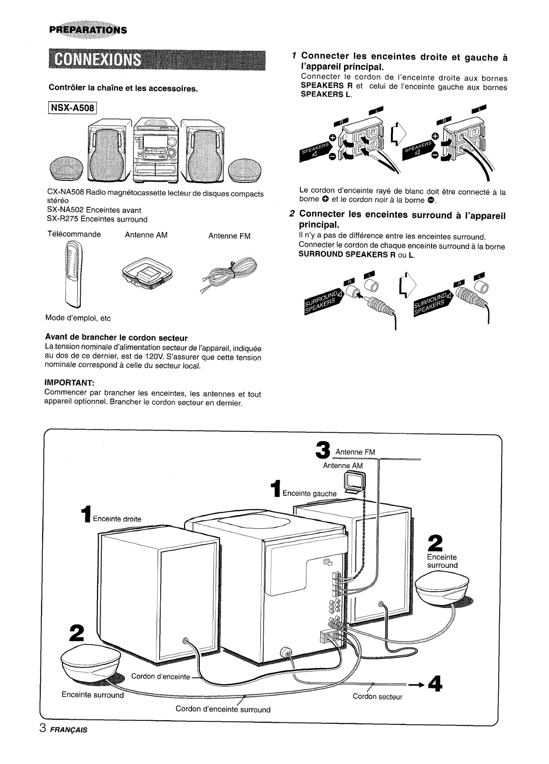 Aiwa NSX-A508 manual Connecter Ies enceintes surround a I’appareil Principal, Contr61er la chalne et Ies accessoires 