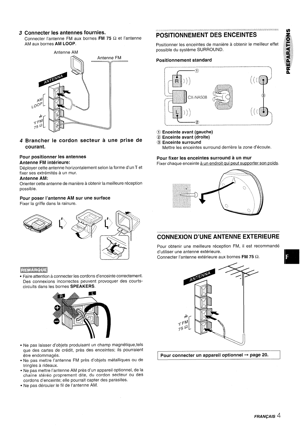 Aiwa NSX-A508 manual Positionnement, Connecter Ies antennes fournies, Brancher Ie cordon secteur a une prise de courant 