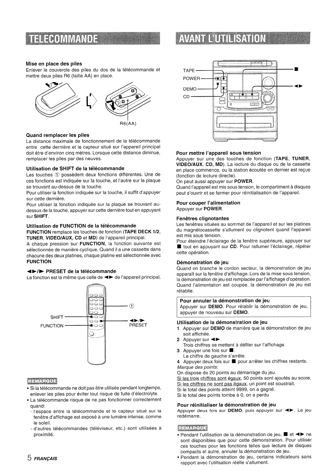 Aiwa NSX-A508 manual Quand remplacer Ies piles, Utilisation de Shift de la telecommande, +~/fP Preset de la telecommande 