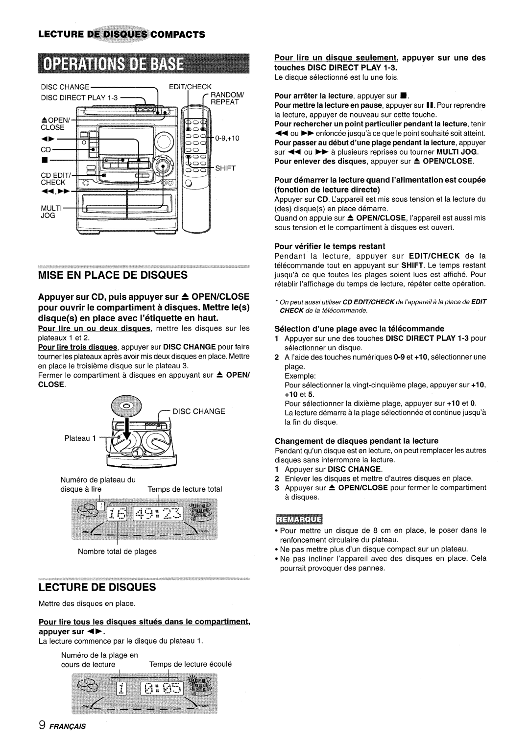 Aiwa NSX-A508 manual Pour Iire un ou deux disaues, mettre Ies disques sur Ies, Numero de la plage en Tours de lecture 