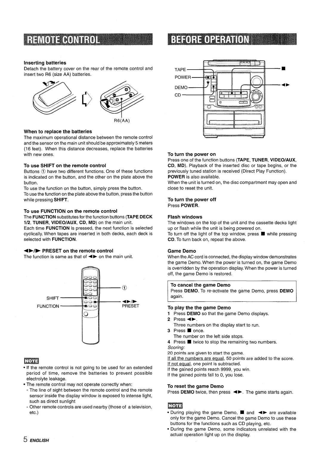 Aiwa NSX-A508 When to replace the batteries, To use Shift on the remote control, Preset on the remote control, Game Demo 