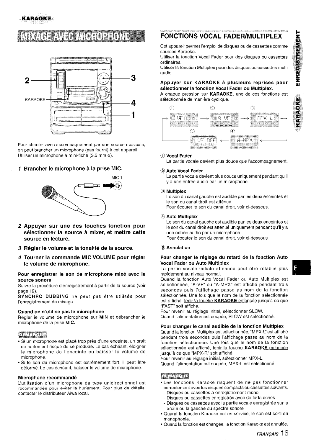 Aiwa NSX-A508 manual FoNcnorw VOtiAL FADER/MULTIPLEi k, Branchr?r Ie microphone a la prise MIC 