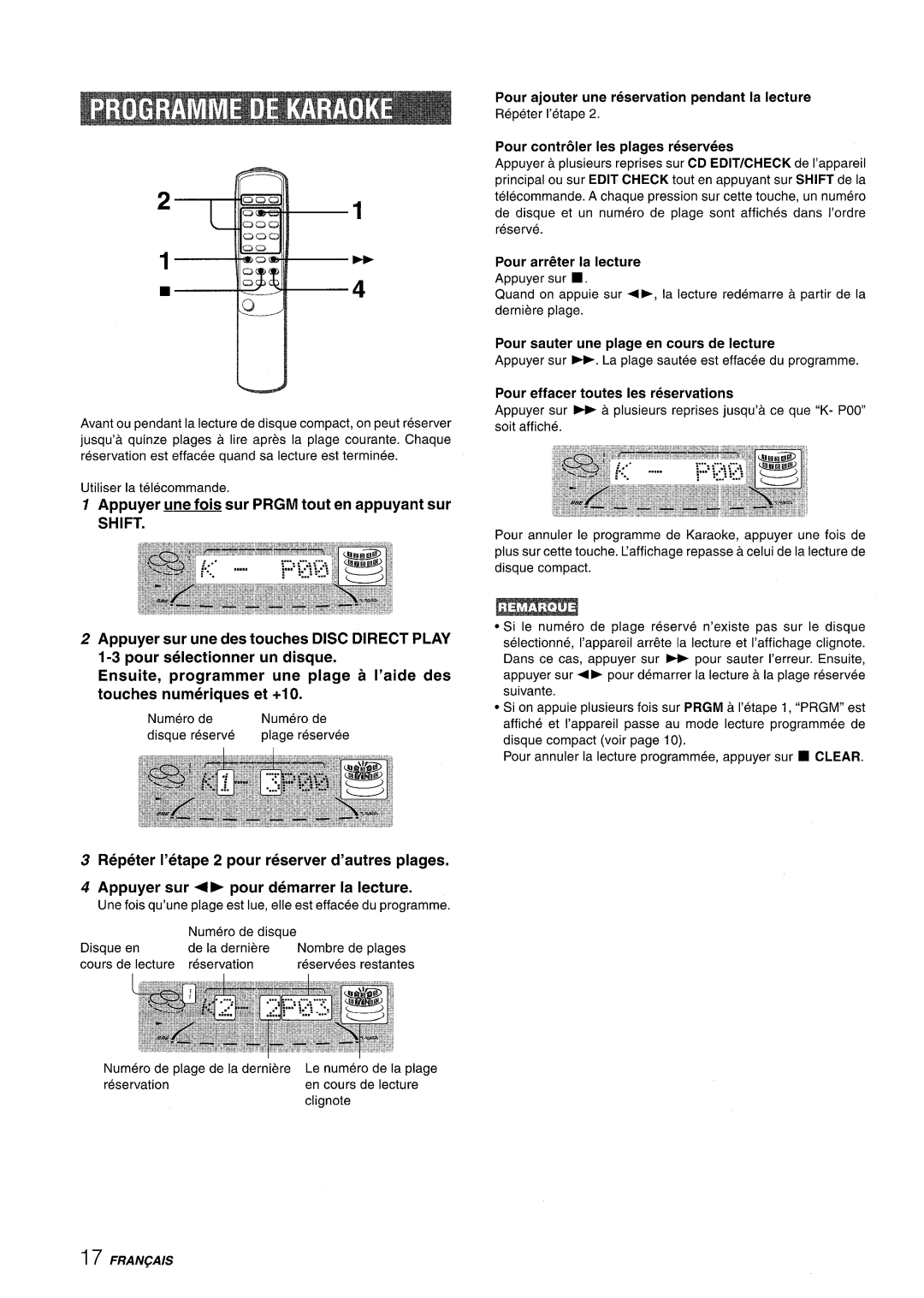 Aiwa NSX-A508 Appuyer une fois sur Prgm tout en appuyant sur, Pour contrder Ies plages reservees, Pour arr&er la lecture 