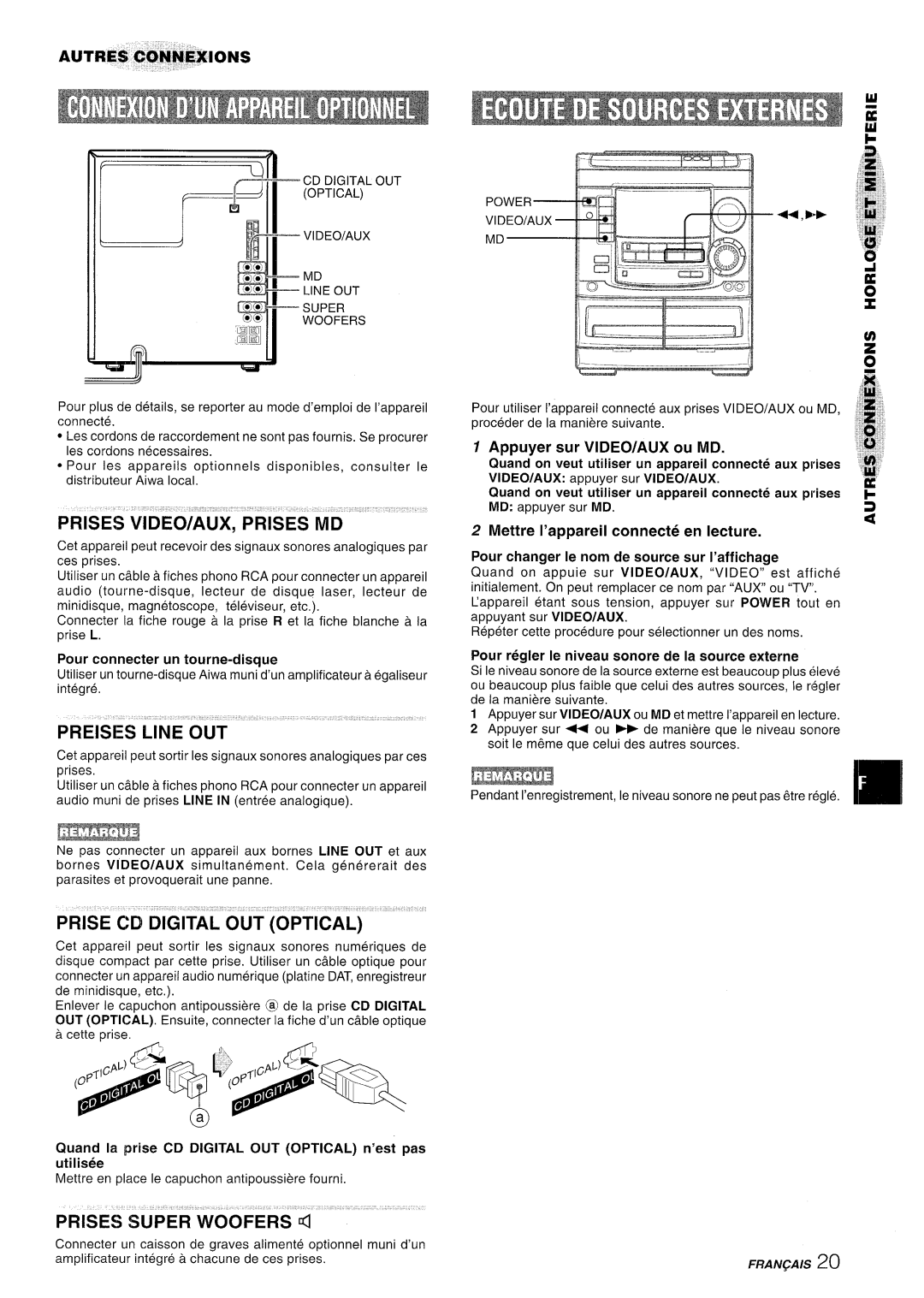 Aiwa NSX-A508 manual Prises VIDEO/AUX, Prises MD, Prise CD Digital OUT Optical, Prises Super Woofers d, AUTRE$ CX2NNEXIONS 