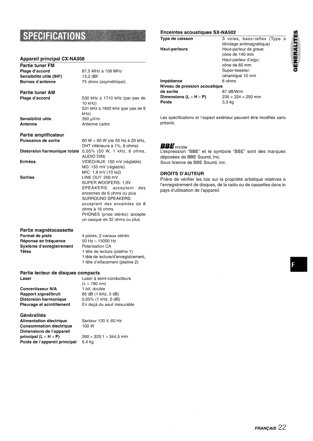 Aiwa NSX-A508 manual Droits D’AUTEUR 