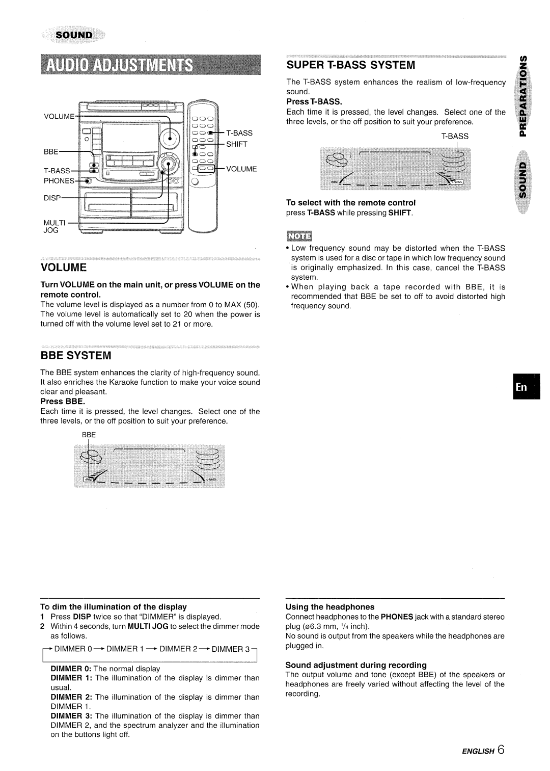 Aiwa NSX-A508 manual BBE System, Press T-BASS, To dim the illumination of the display, Using the headphones 