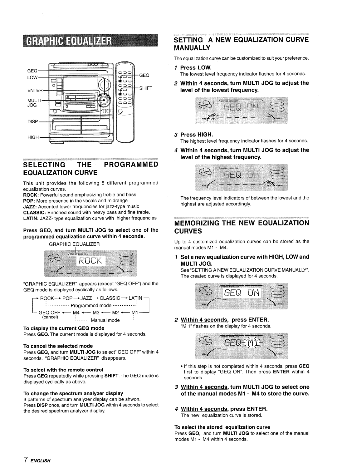 Aiwa NSX-A508 manual Selecting Programmed Equalization Curve, Setting a NEW Equalization CURV-E Manually, Curves, Multi JOG 