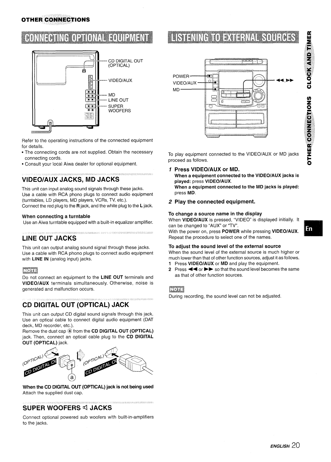 Aiwa NSX-A508 manual Video/Aijx Jacks, Md Jacks, Cd Digital Out Optical Jack, Super Woofers ~ Jacks, Press VIDEO/AUX or MD 