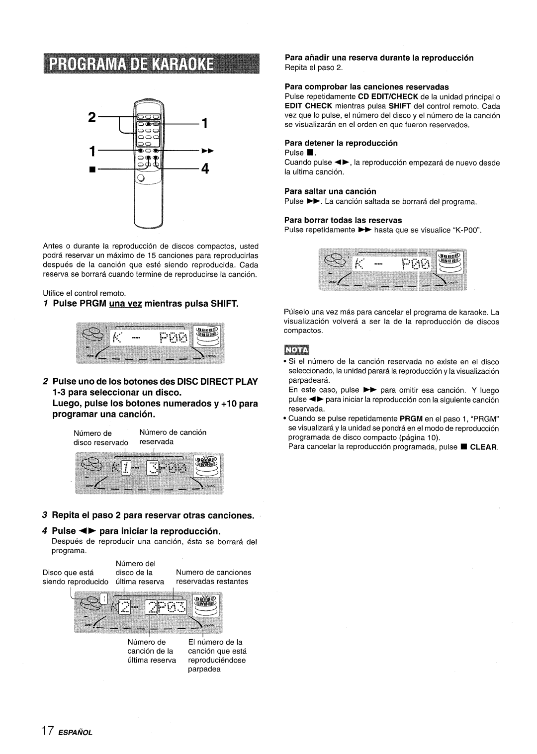 Aiwa NSX-A508 manual Pulse PRGM una vez mientras pulsa SHIFT, Repita el paso 2 para reservar otras canciones 