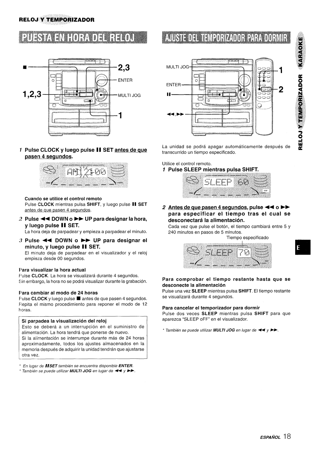 Aiwa NSX-A508 manual “1 Pulse CLOCK y Iuego pulse 11 SET antes de aue ~~n 4 segundos, ~, ... J U 