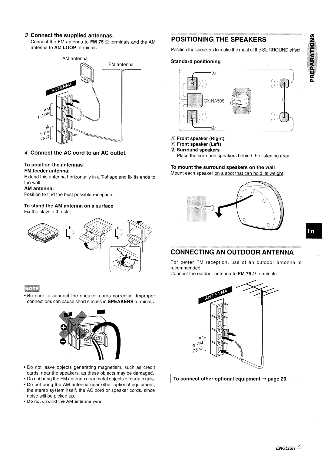 Aiwa NSX-A508 manual Onnecting An Outdoor Antenna, Connect the supplied antennas, Connect the AC cord to an AC outlet 