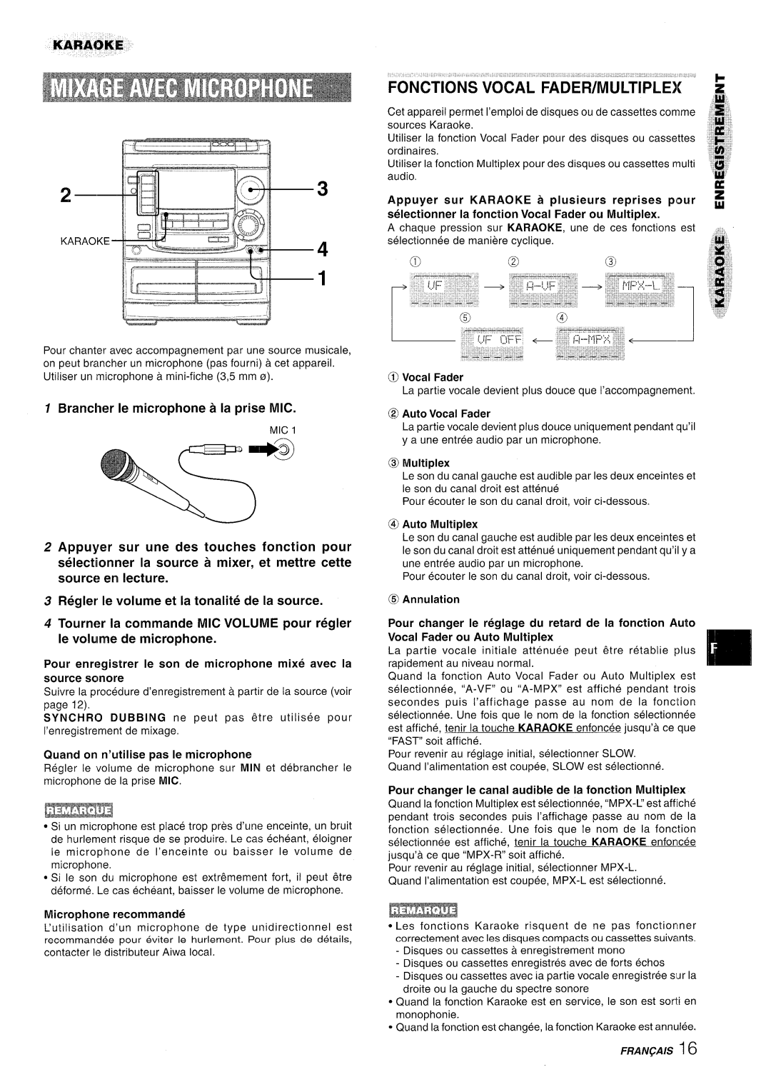 Aiwa NSX-A508 manual FoNcnorw VOtiAL FADER/MULTIPLEi” k, Branchr?r Ie microphone a la prise MIC, r D -w 