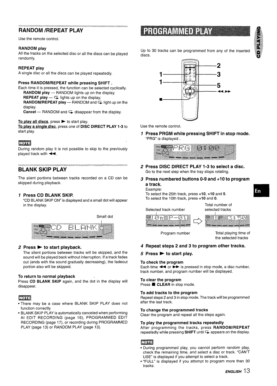 Aiwa NSX-A555 manual Press CD Blank Skip, Press E to start playback, Press Prgm while pressing Shift in stop mode 