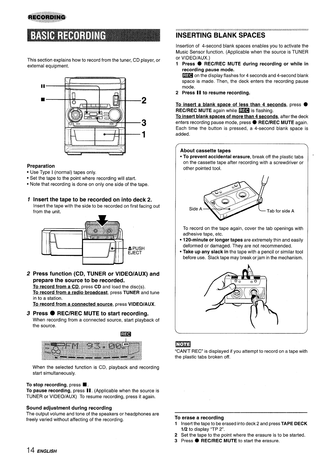 Aiwa NSX-A555 manual Insert the tape to be recorded on into deck, Press REC/REC Mute to start recording 