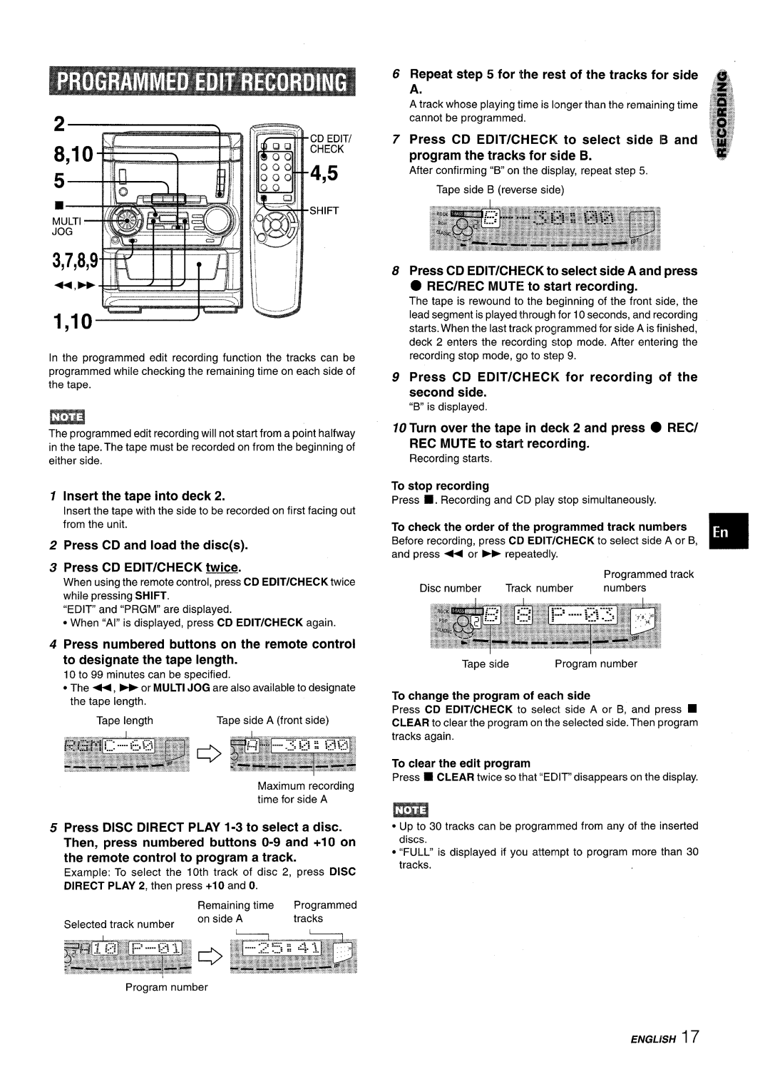 Aiwa NSX-A555 Press CD and load the discs Press CD EDIT/CHECK twice, Repeat for ithe rest of the tracks for side, ‘ ~ 